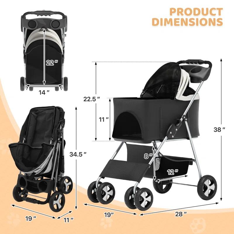 MoNiBloom Folding Pet Stroller, Foldable Dog Jogger Stroller with Detachable Carrier, Basket and Cup Holder