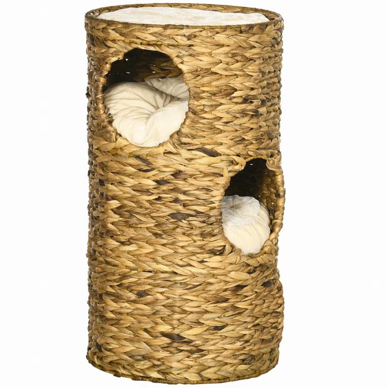 Ophelia & Co. Elevated Cat Bed With Three Hideaways & Four Soft Plush Cushions, Cat Tower With Hand-Woven Materials, Multi-Layer Raised Kitten Bed Caves