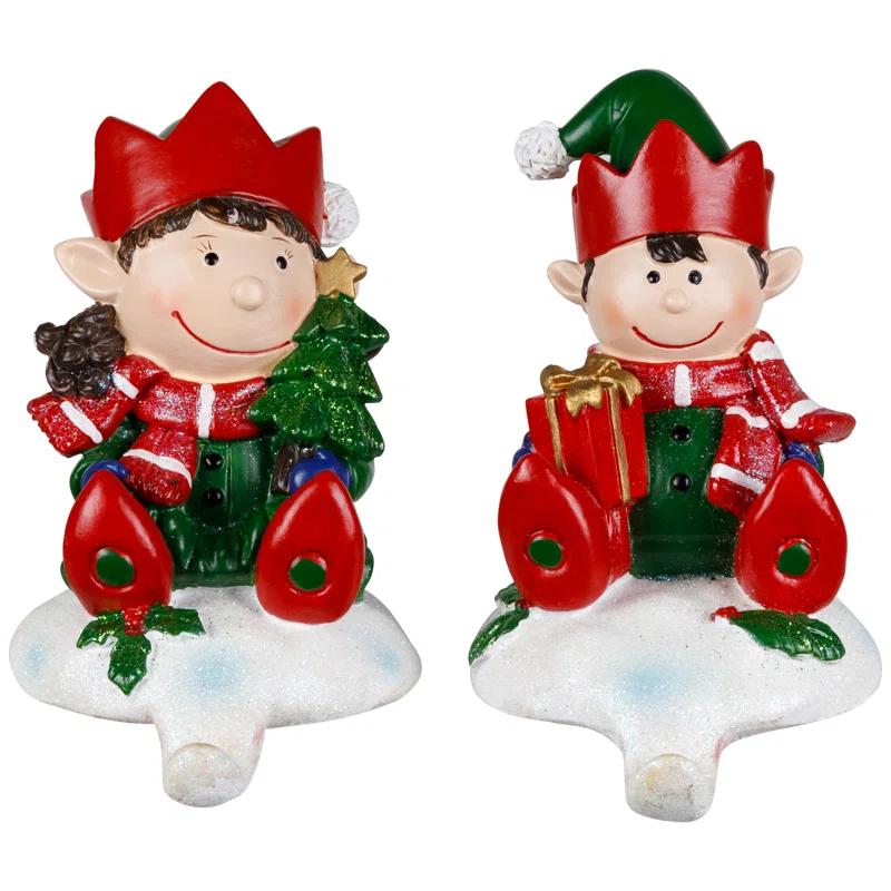 Northlight Seasonal Festive Elves Christmas Stocking Holders - 5" - Set Of 2