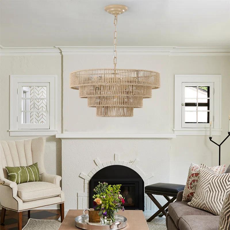 Rosecliff Heights Bohemian style Woven Pendant Light 19.7 Inch Rattan Ligh Large Rattan Pendant Light with 4-Tier Rattan Chandelier--Wood