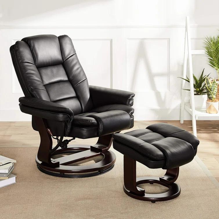 Snugway 32" Contemporary Leather Recliner and Ottoman with Swiveling Mahogany Wood Base
