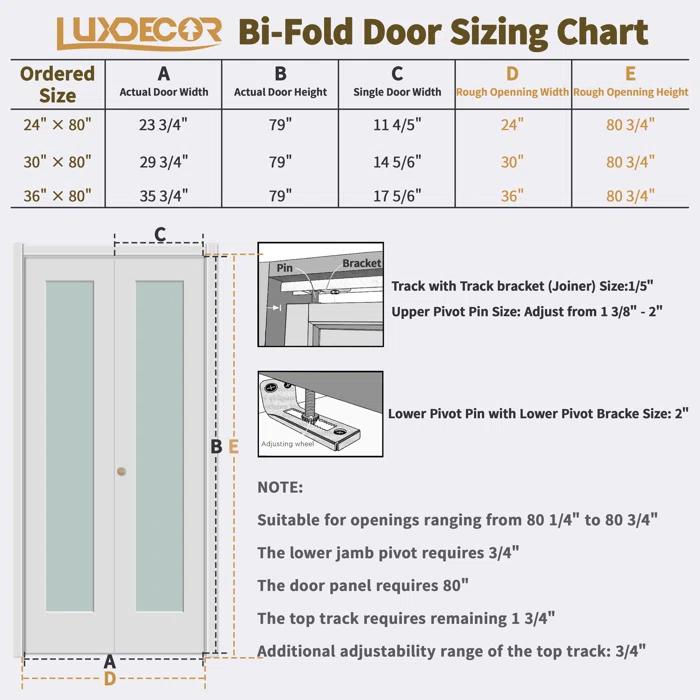 Luxdecor 80'' Solid Core Manufactured Wood 1-Lite Frosted Glass Bi-fold Door With Installation Hardware Kit