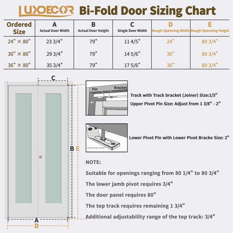 Luxdecor 80'' Solid Core Manufactured Wood 1-Lite Frosted Glass Bi-fold Door With Installation Hardware Kit