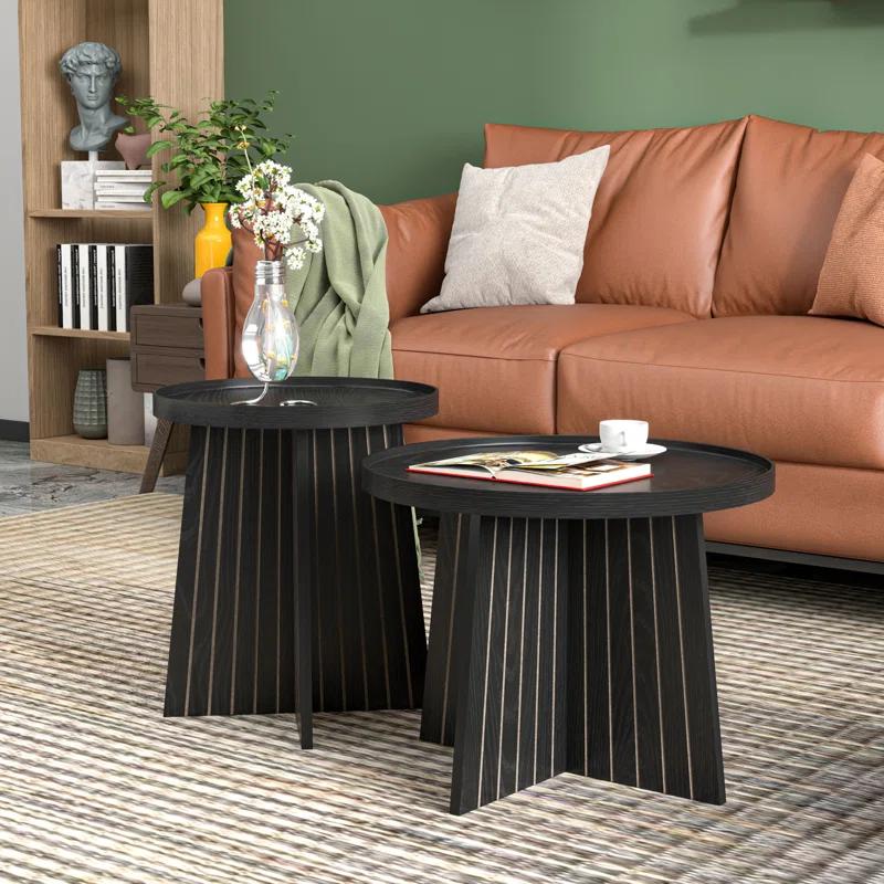 Gracie Oaks Round Fluted Nesting Coffee Table, 2 Piece Coffee Table Set For Living Room, Office, Balcony