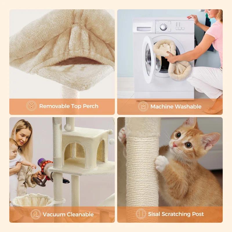 69" Tall Cat Tree Large Cat Tower With Super Big Hammock, Scratching Posts, Condo House And Large Top Perch