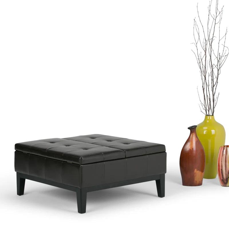 Simpli Home Dover 36"W Upholstered Square Coffee Table Storage Ottoman with Split Tufted Lift Top