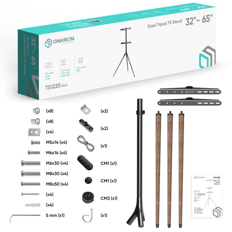 ONKRON Tripod TV Stand Wood for TVs up to 65" and 77 lbs, Swivel Floor Corner TV Stand Adjustable