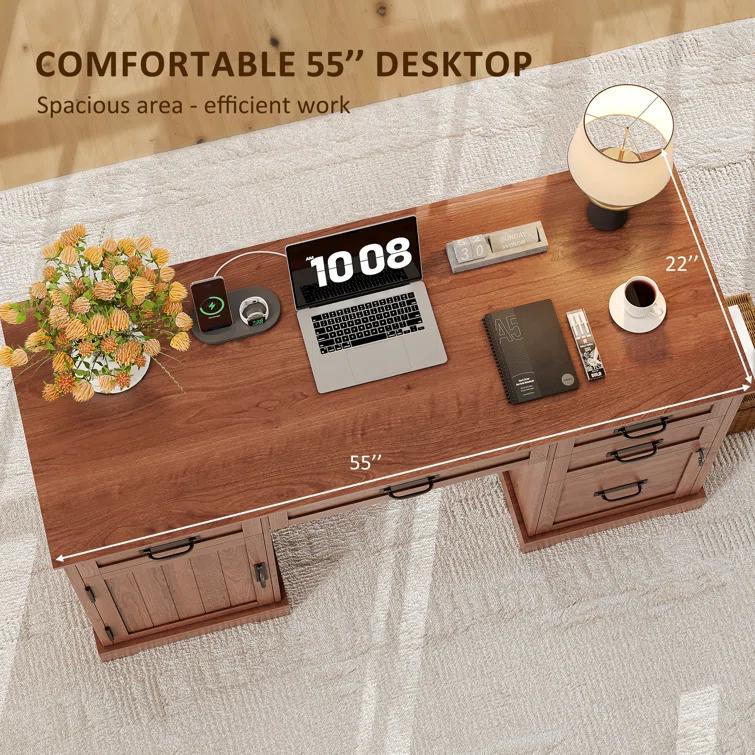 August Grove® Clabe 55'' Farmhouse Executive Desk with Drawers, File Cabinet and Power Outlets