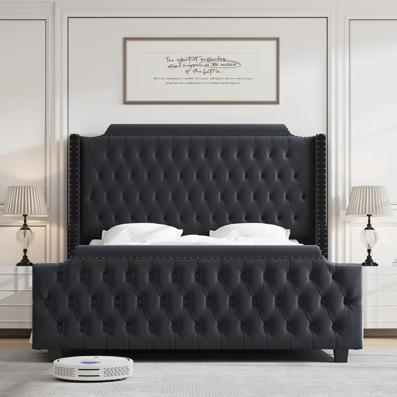 Andover Mills™ Kohlmeier Luxury Upholstered Bed, Tall Tufted Wingback Headboard with Nailhead Trim