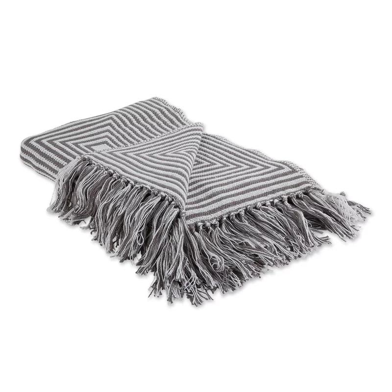 Gray Cotton Geometric Fringe Throw Blanket