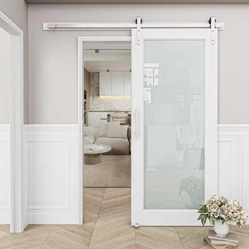 Home Worthy Frosted Glass Solid Manufactured Wood Painted Sliding Barn Door with Nickel-Hardware Kit(No Assembly Required)