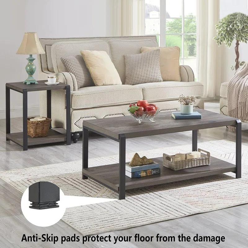 17 Stories Coffee Table With Storage Shelf, Rustic Wood And Metal Cocktail Table For Living Room, Grey