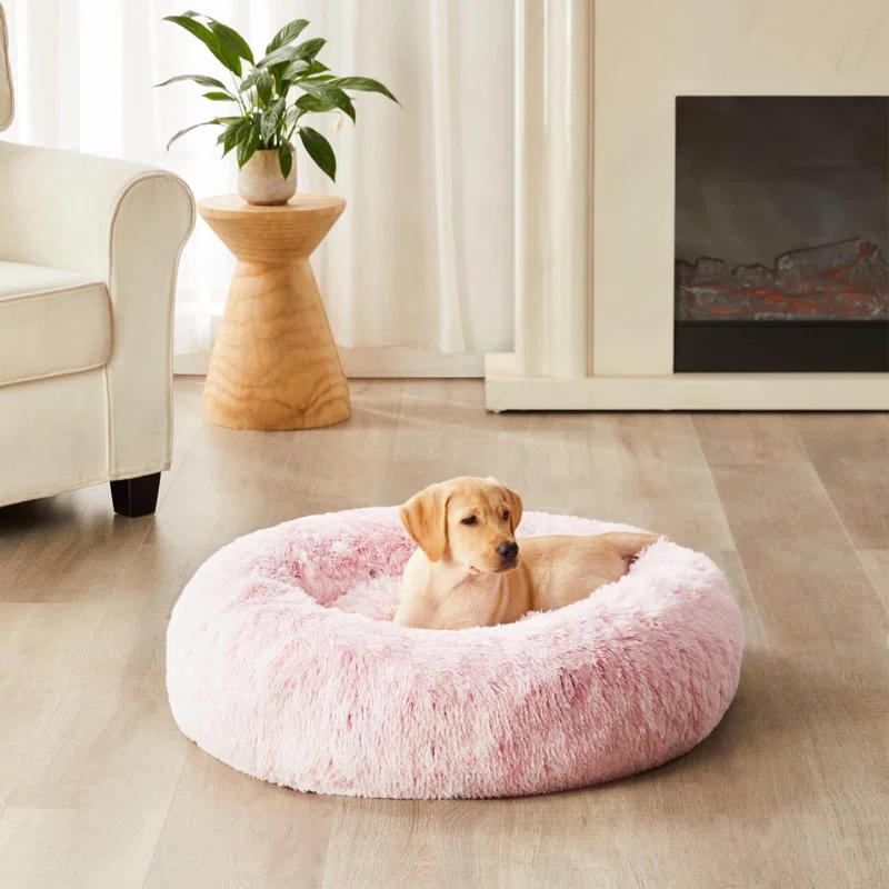 Calming Dog Bed Cat Bed Donut, Faux Fur Pet Bed Self-Warming Donut Cuddler, Comfortable Round Plush Dog Beds (20 X 20 X 8 Inch, Light Pink)