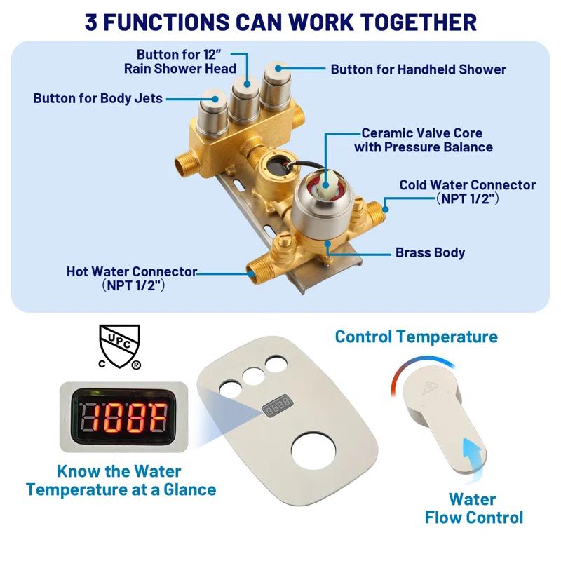 CASAINC 3-Function 12 Inch Temperature Digital Display Shower System With 2-Setting Slider Bar Handheld And 4Pcs Body Jets BR01009SX12BN