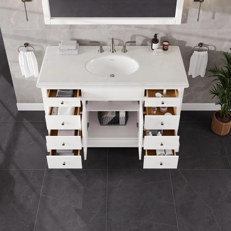 Eviva Elite Stamford . White Single Sink Bath Vanity With Carrara Quartz Top And Undermount Porcelain Sink