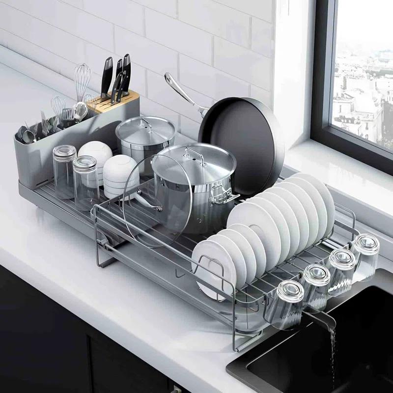 Kitsure Large Dish Drying Rack - Extendable Dish Rack, Multifunctional Dish Rack for Kitchen Counter, Anti-Rust Dish Drainers with Cutlery & Cup Holders 19.2"-26.7" L x 12.9" W, Grey