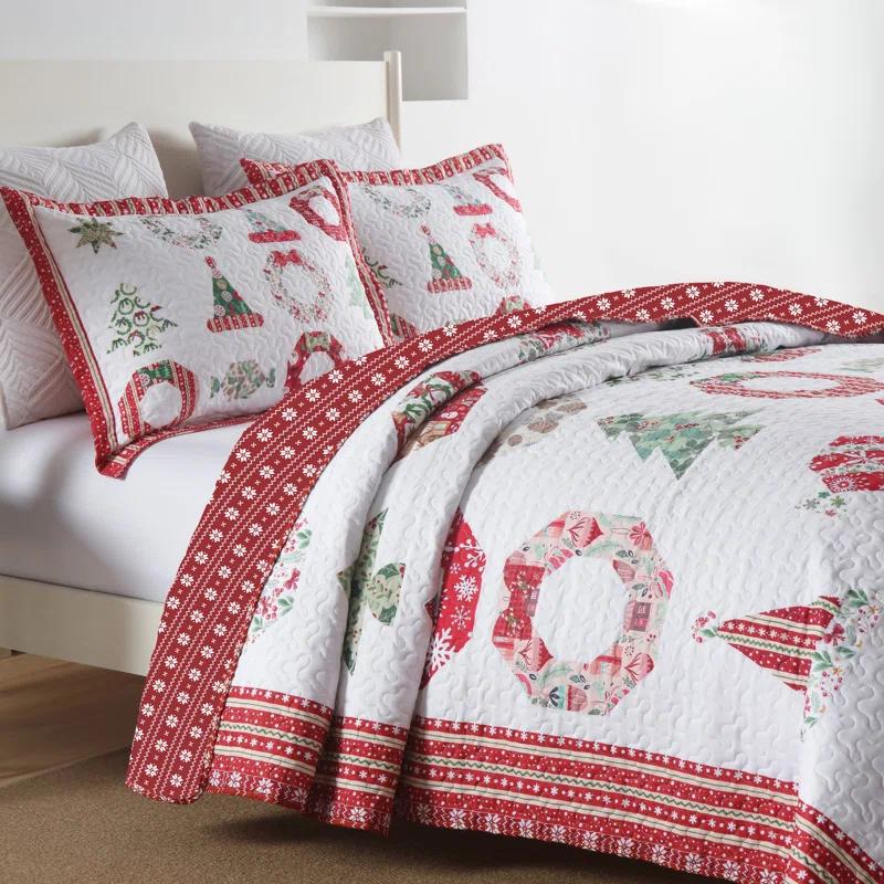 MarCielo 3 Pcs Christmas Quilt Bedspread Set Candy Red BY205
