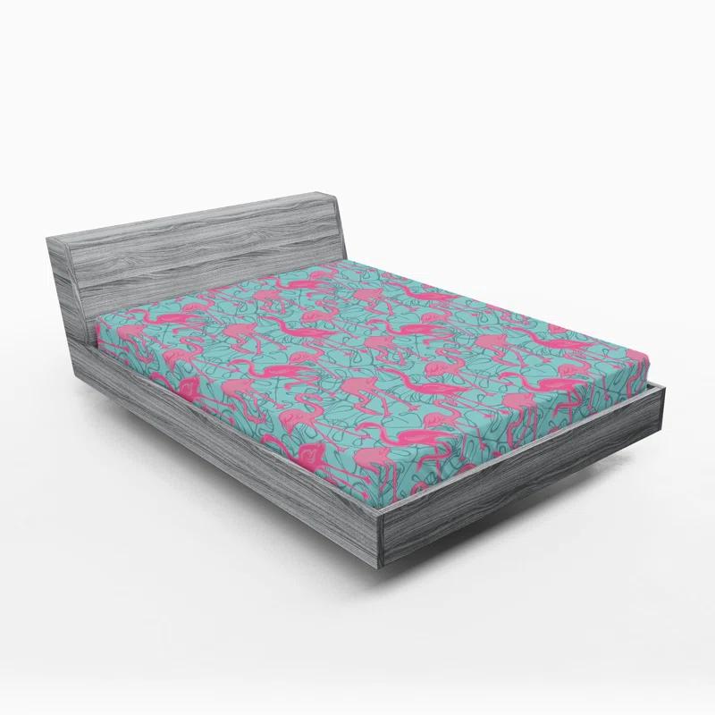 Ambesonne Ambesonne Tropical Fitted Sheet Art Boho Pattern Flamingo Pastel Pink Seafoam