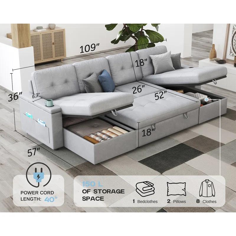 Latitude Run® Pull Out Sofa Bed With 2 USB Ports & Cup Holders, U Shaped Sleeper Sofa Bed With Dual Storage Chaise- Drak Gray