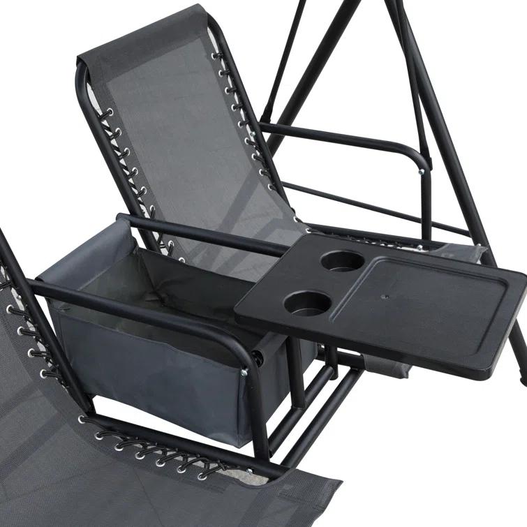 Arlmont & Co. Atay 2 Person Covered Porch Swing with Pivot Storage Table, Cup Holder, & Adjustable Overhead Canopy