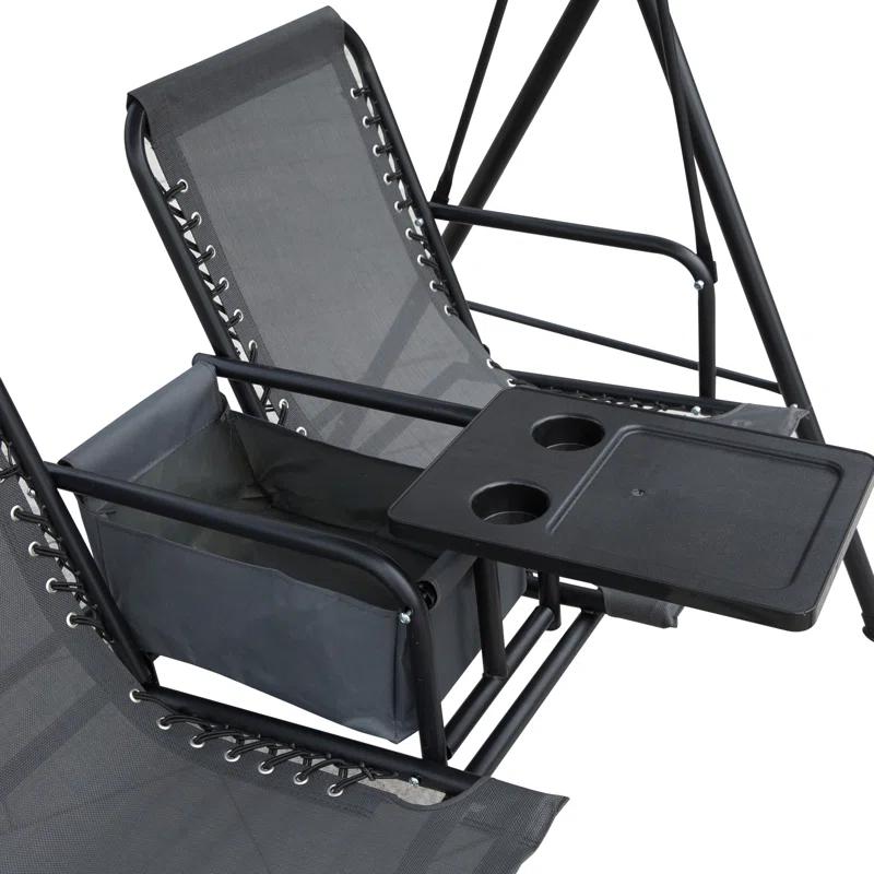 Arlmont & Co. Atay 2 Person Covered Porch Swing with Pivot Storage Table, Cup Holder, & Adjustable Overhead Canopy