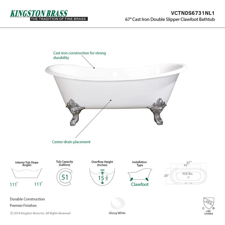 Kingston Brass Kingston Brass Aqua Eden 67-Inch Cast Iron Oval Double Slipper Clawfoot Tub (No Faucet Drillings) VCTNDS6731NL1