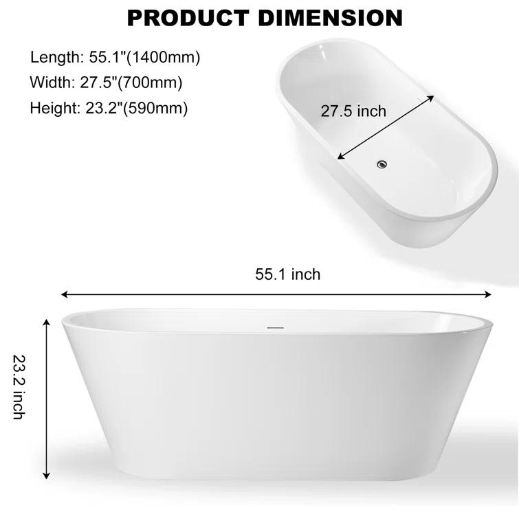 55" Freestanding Soaking Acrylic Bathtub Contemporary Stand Alone Tub with Pop-Up Drain