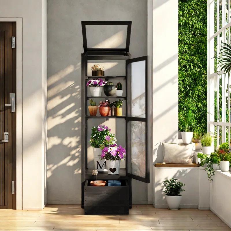 mosaicmotifco Wood Garden Greenhouse Balcony Portable Mini Cold Frame With Movable Storage Box, Adjustable Shelves And 1 Drawer