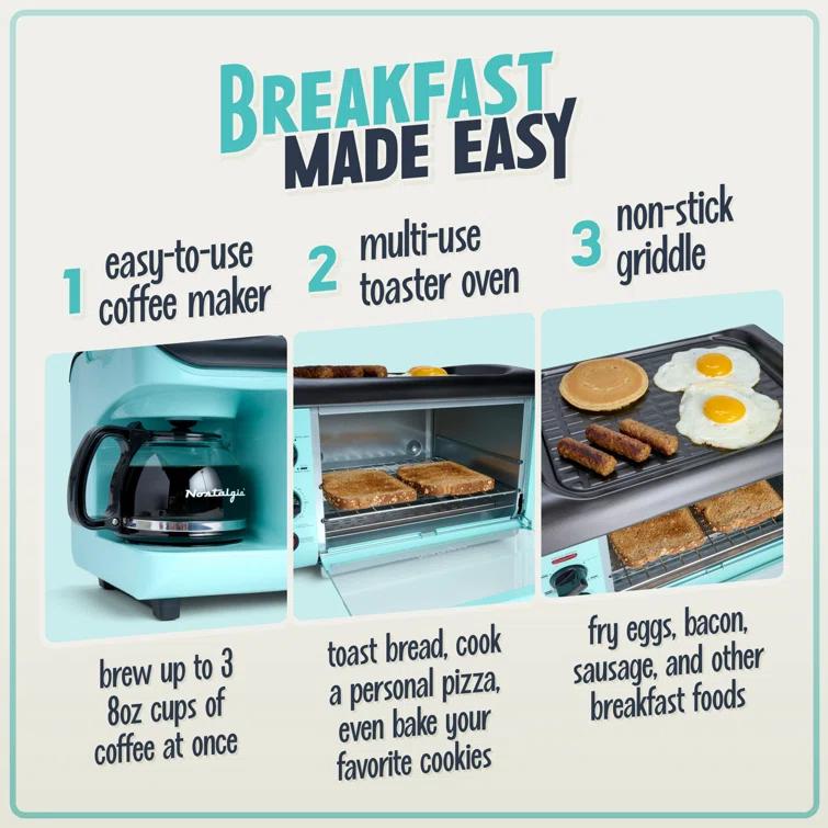 Nostalgia Nostalgia Retro 3-in-1 Family Size Electric Breakfast Station, Coffeemaker, Griddle, Toaster Oven, Aqua