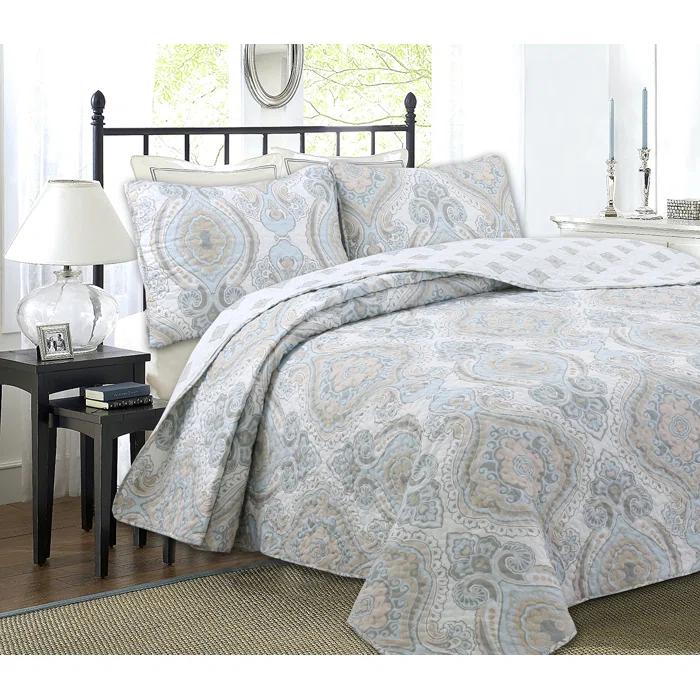 Cozy Line Home Fashion Modern Medallion Sky Blue Tan Gray Brocade Geometric Shapes Quilt Set