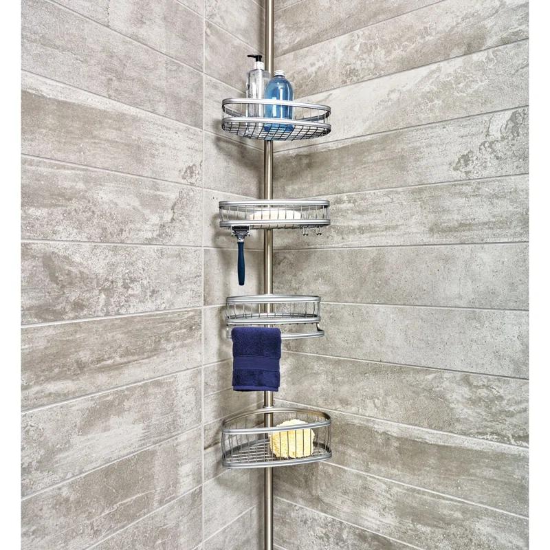 iDesign iDesign York Metal Wire Tension Rod Corner Shower Caddy, Adjustable 5'-9' Pole and Baskets, Silver