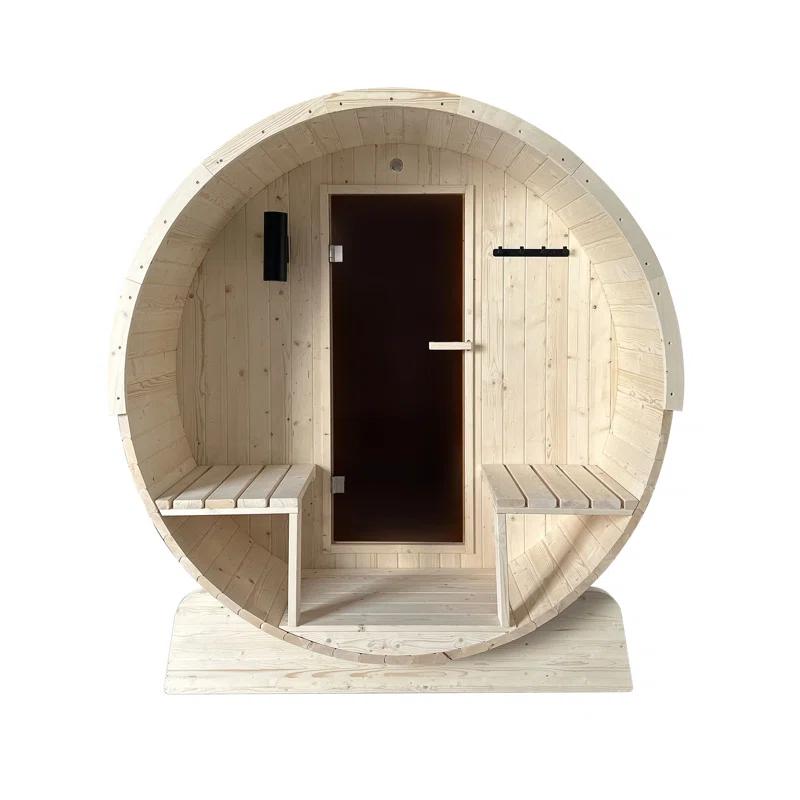ALEKO Outdoor or Indoor White Finland Pine Wet Dry Barrel Sauna - Front Porch Canopy - 8 kW UL Certified KIP Harvia Heater -6-8 Person