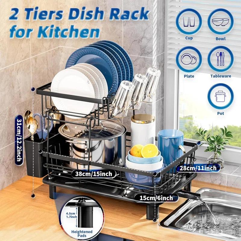 Fabhob 2 Tiers Dish Drying Rack, Space-Saving Dish Racks for Kitchen Counter, Dish Drainer Drying Rack with Drainboard