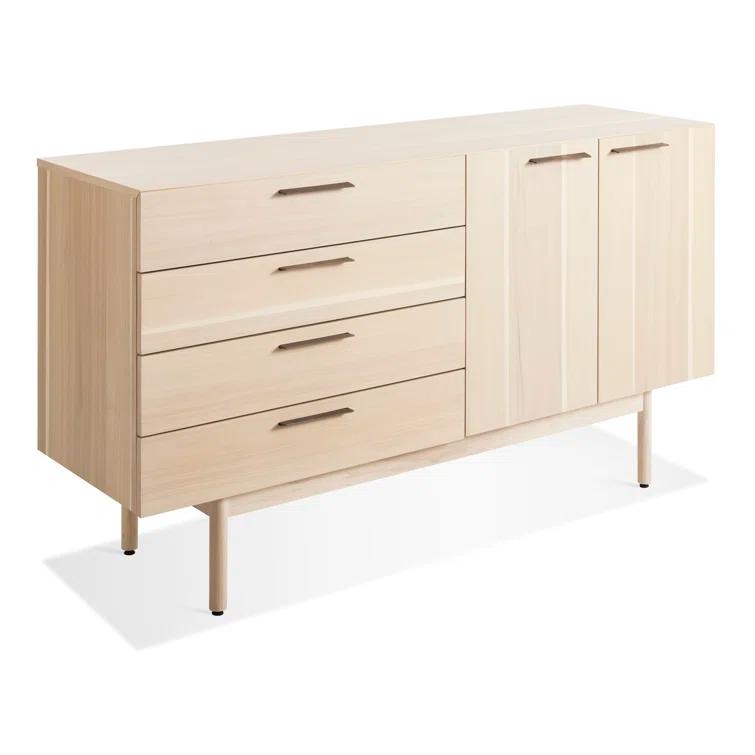 Modern Ash Wood & Leather 4-Drawer 2-Door Credenza