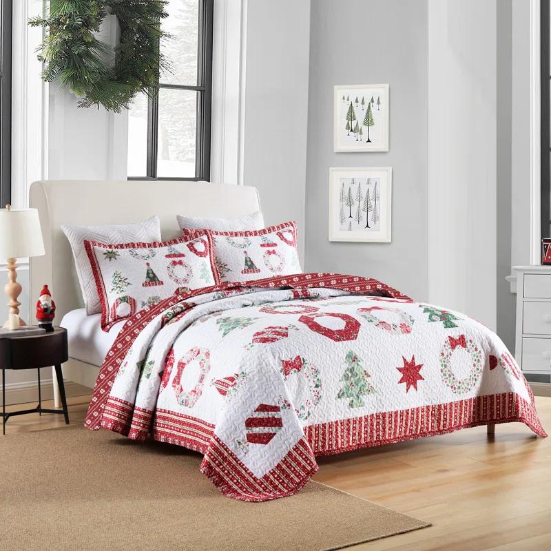 MarCielo 3 Pcs Christmas Quilt Bedspread Set Candy Red BY205