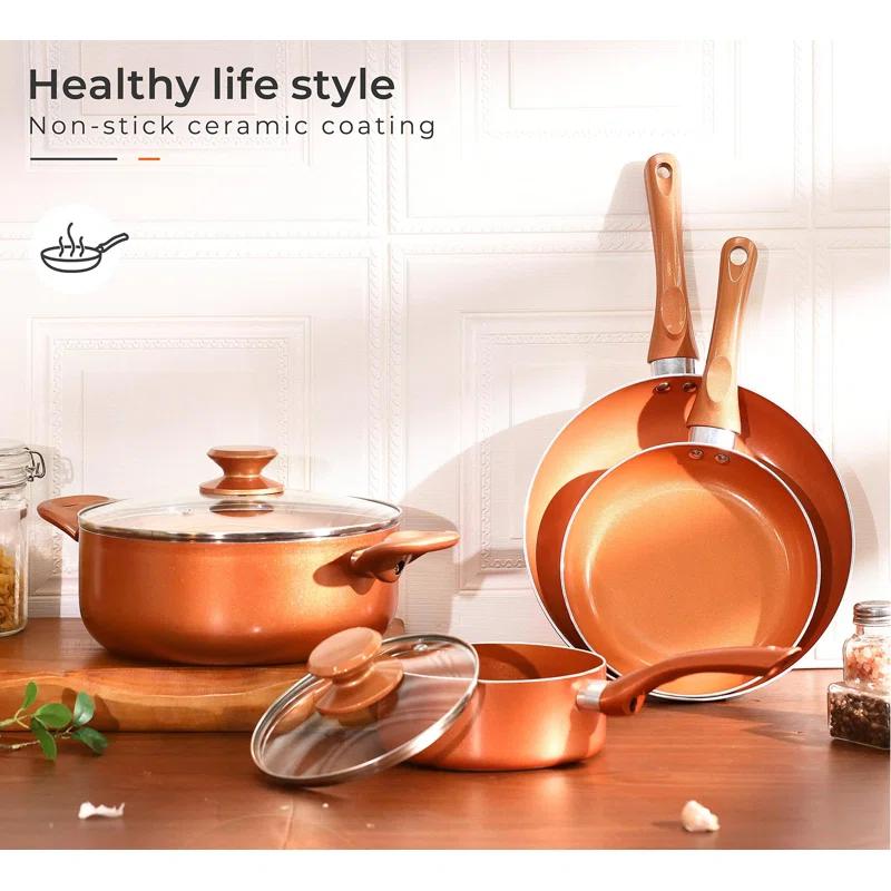 COEN 6-Piece Ceramic Nonstick Cookware Set - Aluminum Soup Pot, Sauce Pan, and Frying Pans with Lid