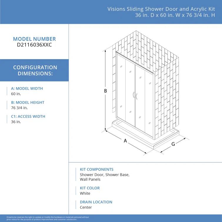 DreamLine Visions 60" W x 36" D x 78" H  Semi Frameless Rectangle Shower Kit with Fixed Panel and Base Included D2116036XXC0004