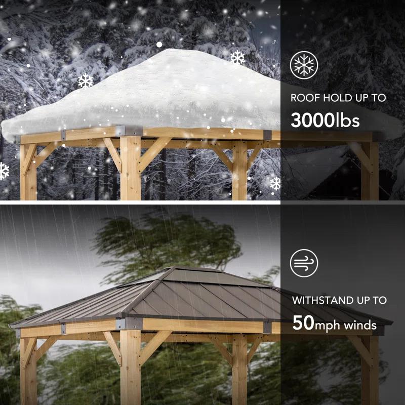 Sunjoy Sunjoy Hardtop Gazebo 11 x 13 ft. Upgrade Cedar Framed Wood Gazebos with Brown Steel and Polycarbonate Hip Roof Hardtop for Garden, Backyard Shade,