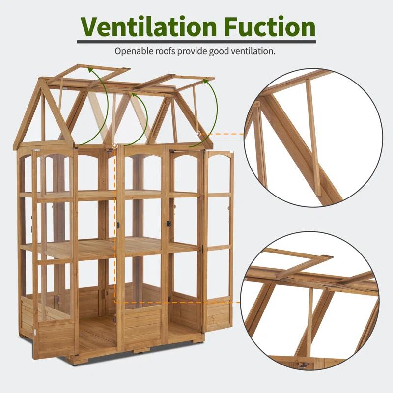 4' W x 3.23' D Wooden Greenhouse，Outdoor Greenhouse with Adjustable Roof Vent and 8 Lockable Door