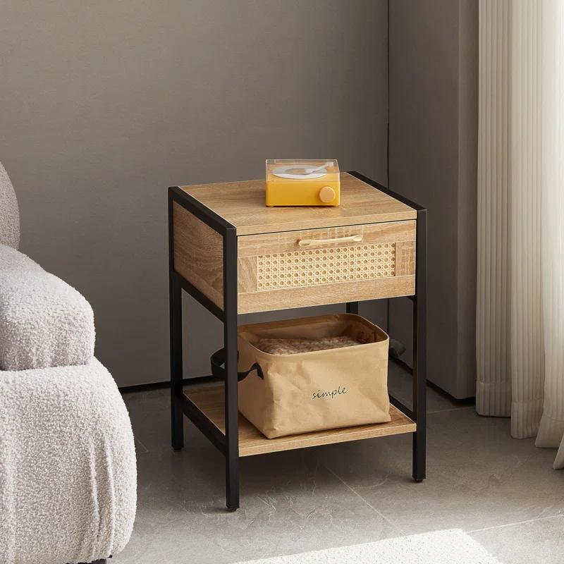 Bay Isle Home™ 15.74" Rattan End Table With  Drawer, Modern Nightstand, Metal Legs,Side Table For Living Room, Bedroom(1 Pc)
