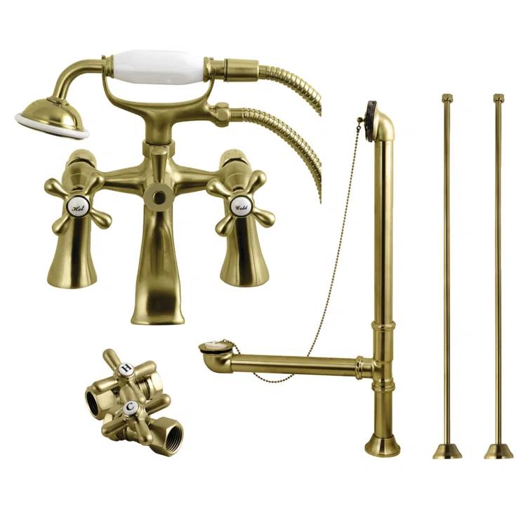 Kingston Brass Kingston Brass Vintage Two-Handle 2-Hole Deck Mount Clawfoot Tub Faucet Package with Supply Line, Hand Shower and Tub Drain CCK268SB