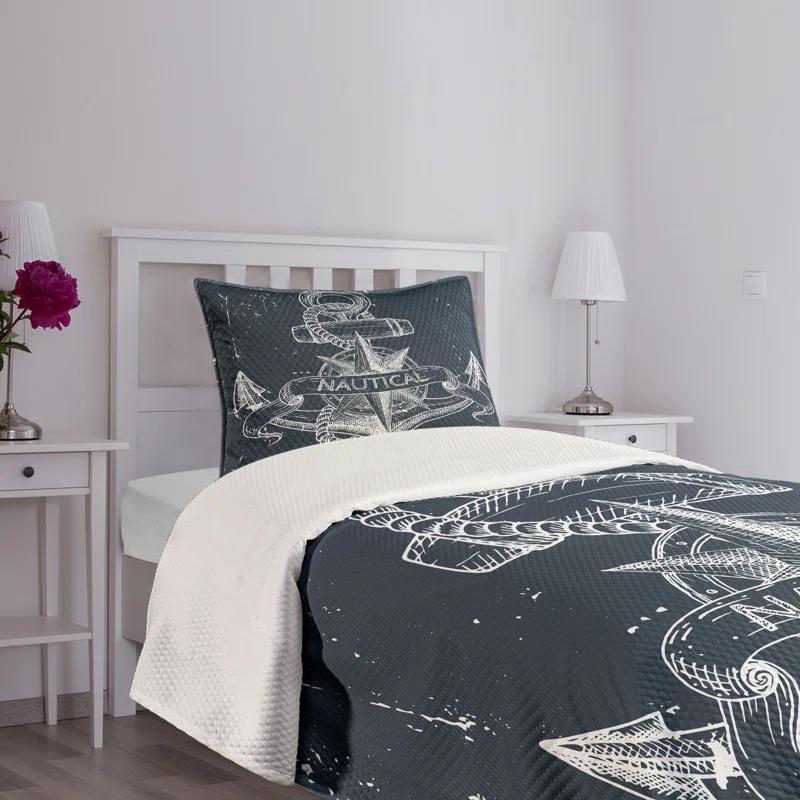 Ambesonne Ambesonne Nautical Bedspread Set Knot Anchor Compass Dark Blue White