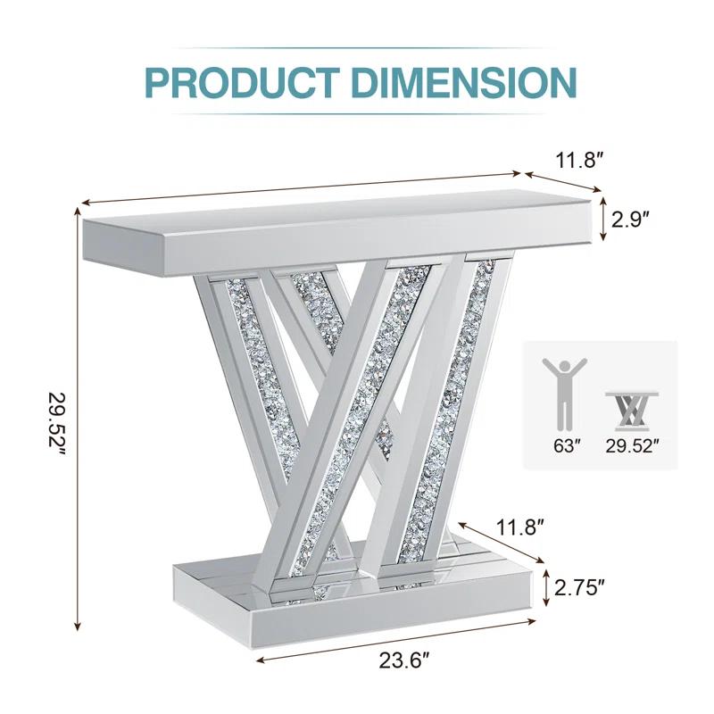 Modern Entryway Console Table With Crushed Diamond Inlay, 35" Silver Mirrored Glass Hallway Table For Entryway, Glam Decorative Sofa Tables For Living Room