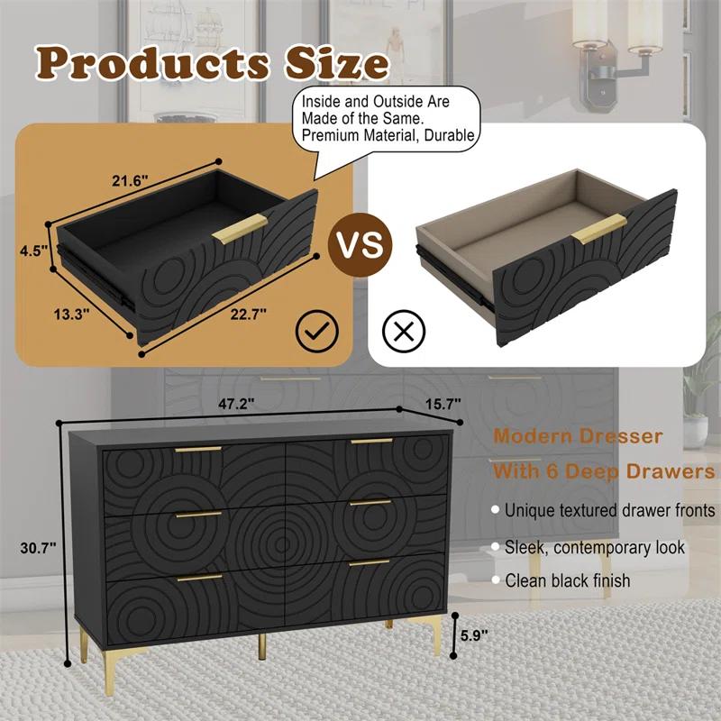 Gloriay Modern 6 Drawer Dresser For Bedroom, Wide Chest Of Drawers With Gold Metal Legs And Handles, Storage Organizer – Black