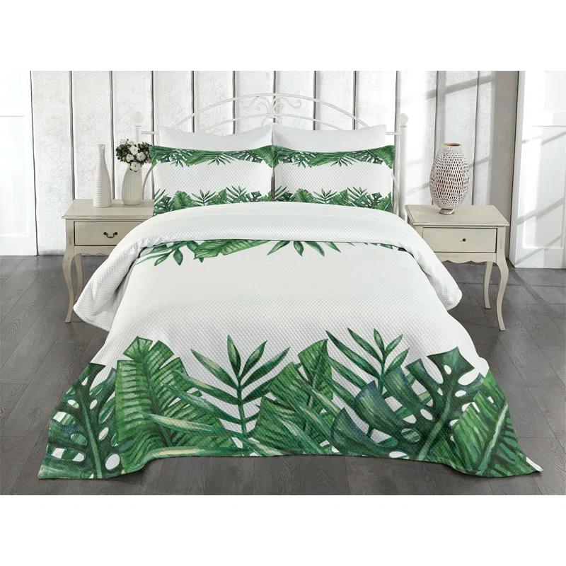 Ambesonne Ambesonne Palm Leaf Bedspread Set Forest Leaves Frame Hunter Green