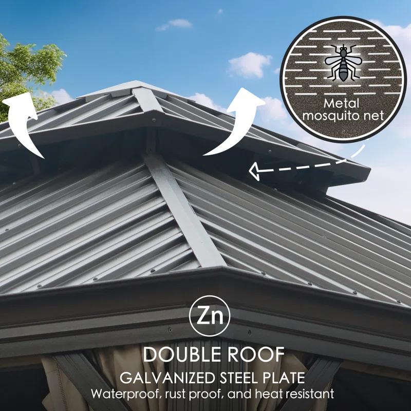 Kozyard Kozyard Alexander Gray Double Roof Hardtop Gazebo with Privacy Curtain Mosquito Netting