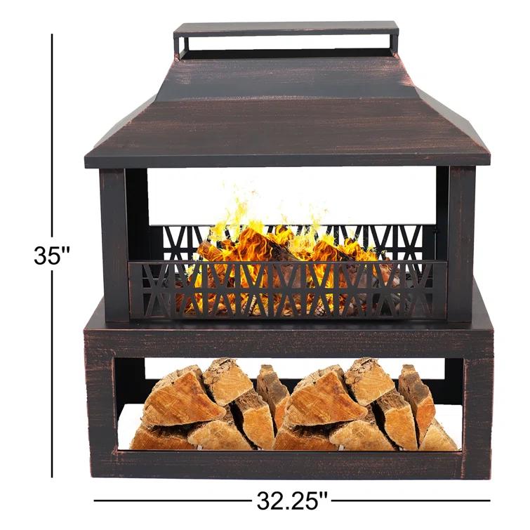 Lark Manor™ Courter 29" Rectangle Bronze Finish Steel Outdoor Fireplace with Log Storage
