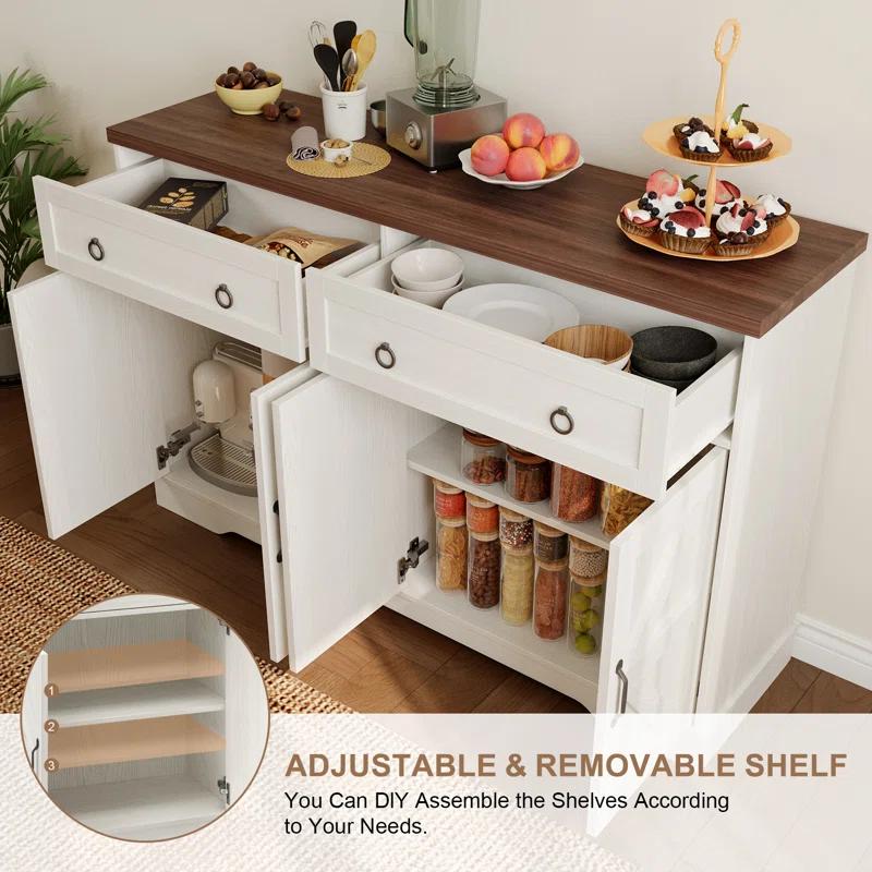 Farmhouse 55" Buffet Sideboard Cabinet With Storage, Coffee Bar Cabinet With 2 Drawers