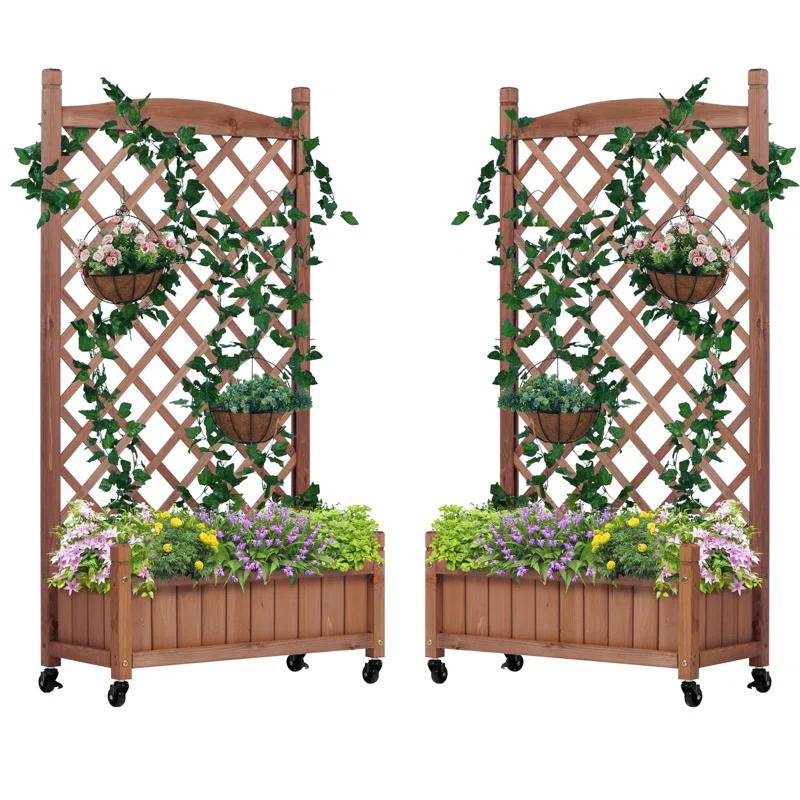 August Grove® Raised Garden Bed With Trellies 2 Pack, Outdoor Wooden Planter Box For Climbing Plants, Vegetables Herb Growing