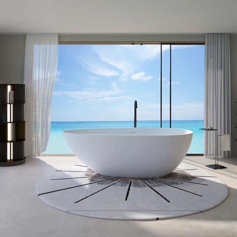 59" x 31" Freestanding Soaking Solid Surface Bathtub Stone Resin Bath Tub with Overflow and Pop-up Drain, Glossy/Matte White